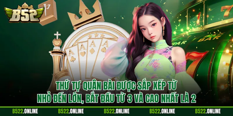 Thứ tự quân bài được sắp xếp từ nhỏ đến lớn, bắt đầu từ 3 và cao nhất là 2